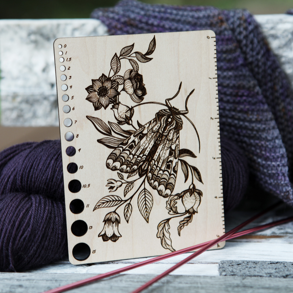 Moth with Flowers and Leaves Knitting Needle Gauge