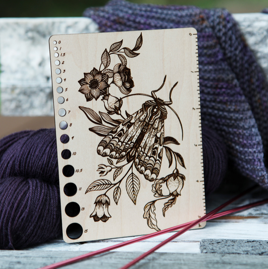 Moth with Flowers and Leaves Knitting Needle Gauge