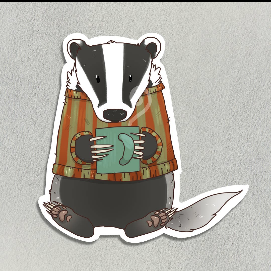 Salt Birch Cozy Badger with Hot Beverage Sticker