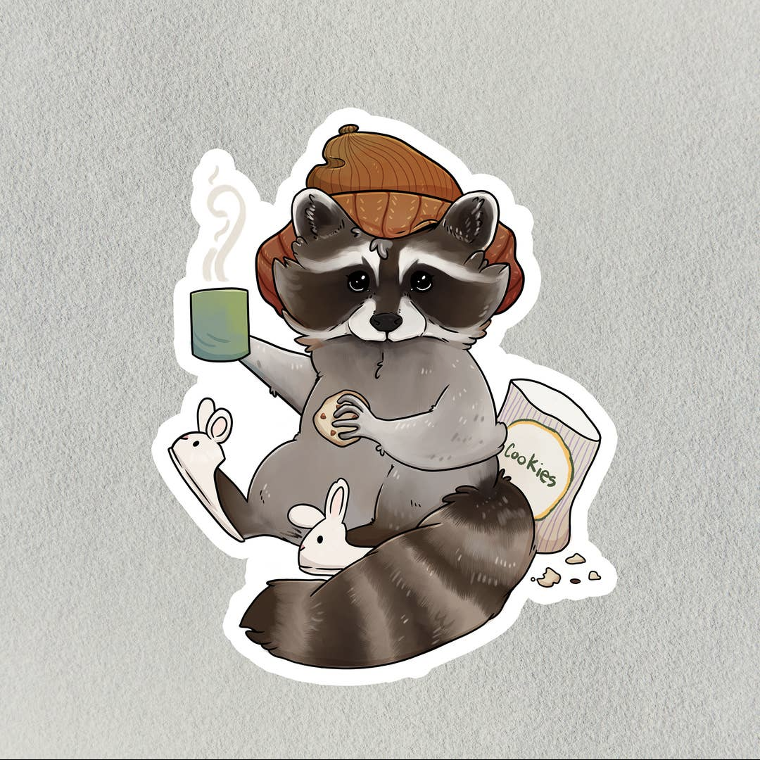 Salt Birch Raccoon with Hot Beverage Sticker