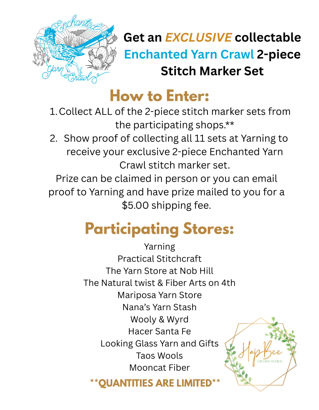 Hapbee Creative Studios - Enchanted Yarn Crawl 2025 New Mexico + Shop Logo Stitch/Row Marker